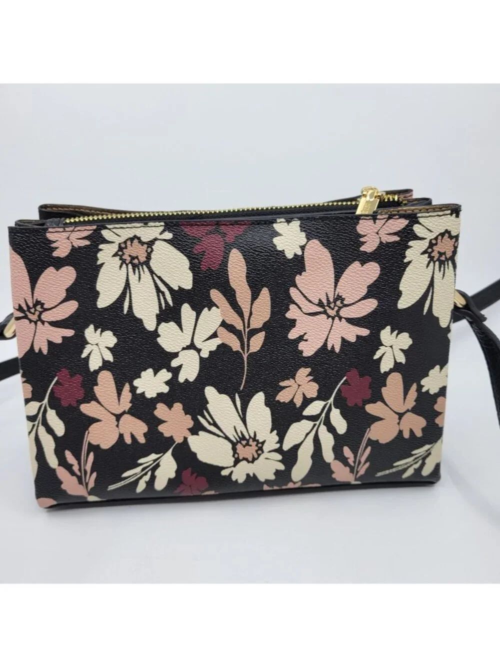 Anne Klein Black Floral Crossbody Bag Adjustable Strap Gold Hardware